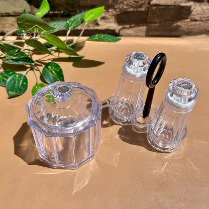 Heaven® Sugar Pot with Spoon & Salt and Pepper Shaker Set with Stand – Elegant Kitchen Dining Set, Premium Tableware Accessori