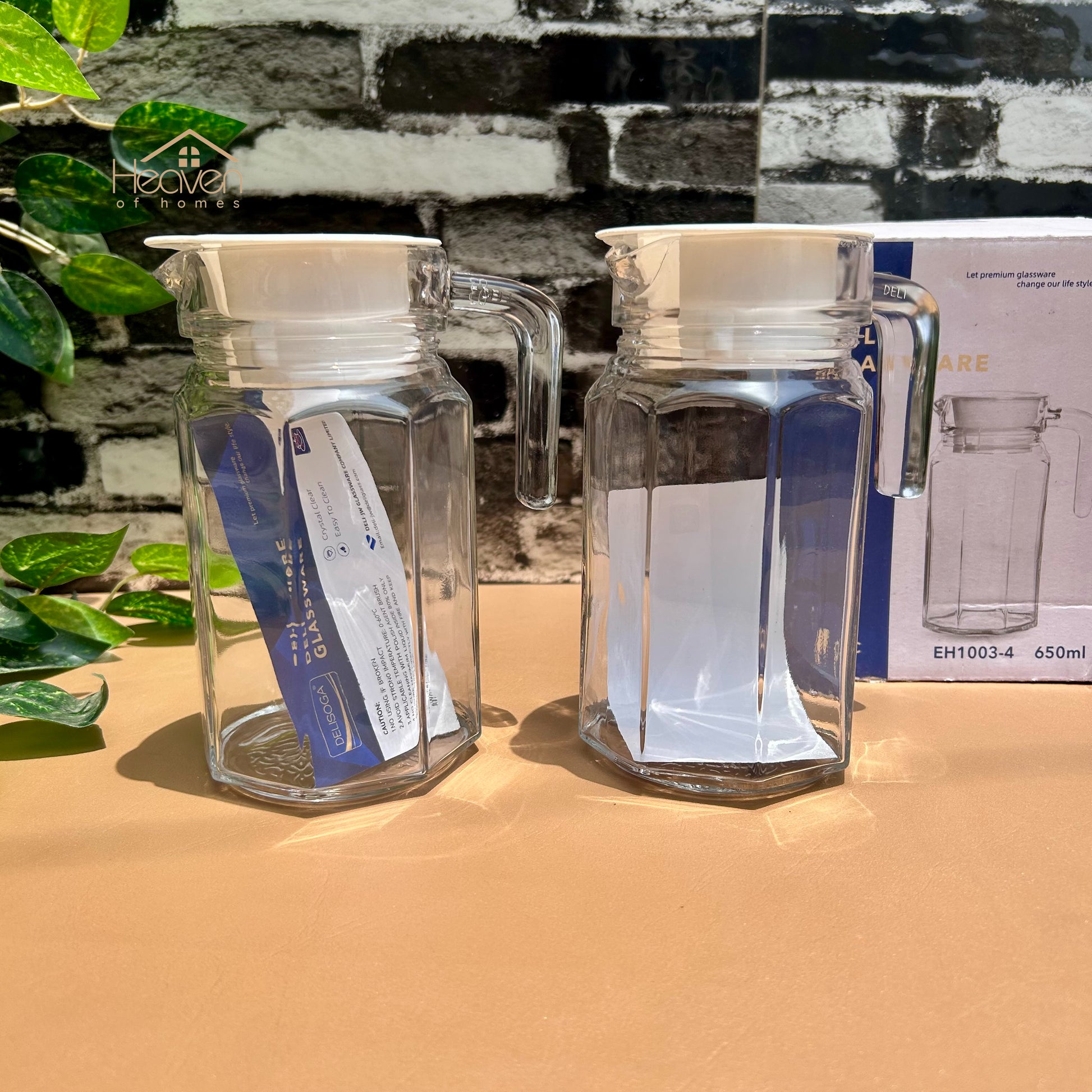Delisoga® Set of 2 650ml Glass Jug with Lid – Clear Transparent Serving Pitcher Oil Jug - Heaven of homes - Sale Pakistan