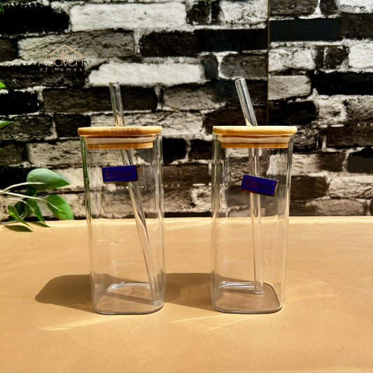 Heaven® Set of 2 Transparent Glass Coffee Cup with Straw & Bamboo Lid