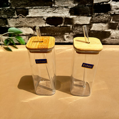 Heaven® Set of 2 Transparent Glass Coffee Cup with Straw & Bamboo Lid