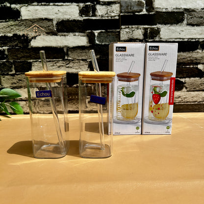 Heaven® Set of 2 Transparent Glass Coffee Cup with Straw & Bamboo Lid