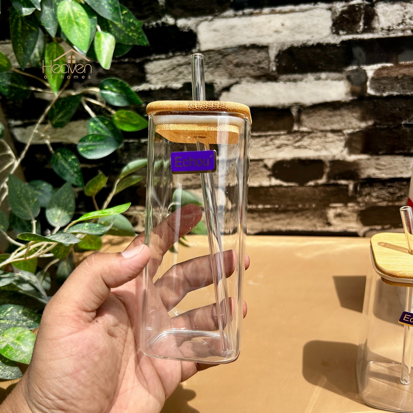 Heaven® Set of 2 Transparent Glass Coffee Cup with Straw & Bamboo Lid