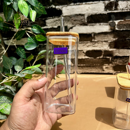 Heaven® Set of 2 Transparent Glass Coffee Cup with Straw & Bamboo Lid