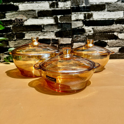 Delisoga® 3-Piece Golden Round Tempered Glass Bakeware Bowl Set with Lids Food Storage Containers