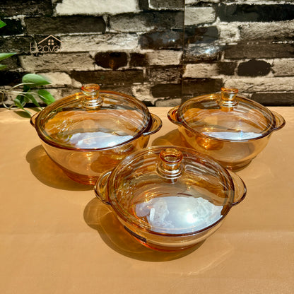 Delisoga® 3-Piece Golden Round Tempered Glass Bakeware Bowl Set with Lids Food Storage Containers