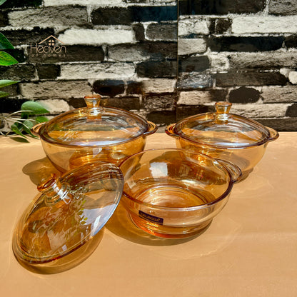 Delisoga® 3-Piece Golden Round Tempered Glass Bakeware Bowl Set with Lids Food Storage Containers