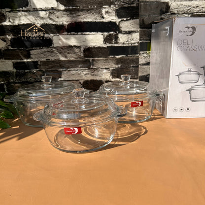 Deli® Set of 3 Tempered Glass Bowls with Transparent Lids – Durable, Stylish & Multi-Purpose
