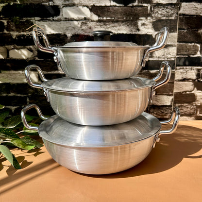 Heaven® Silver Steel Karahi with Lid – Premium Cookware Light Weight Set of 3