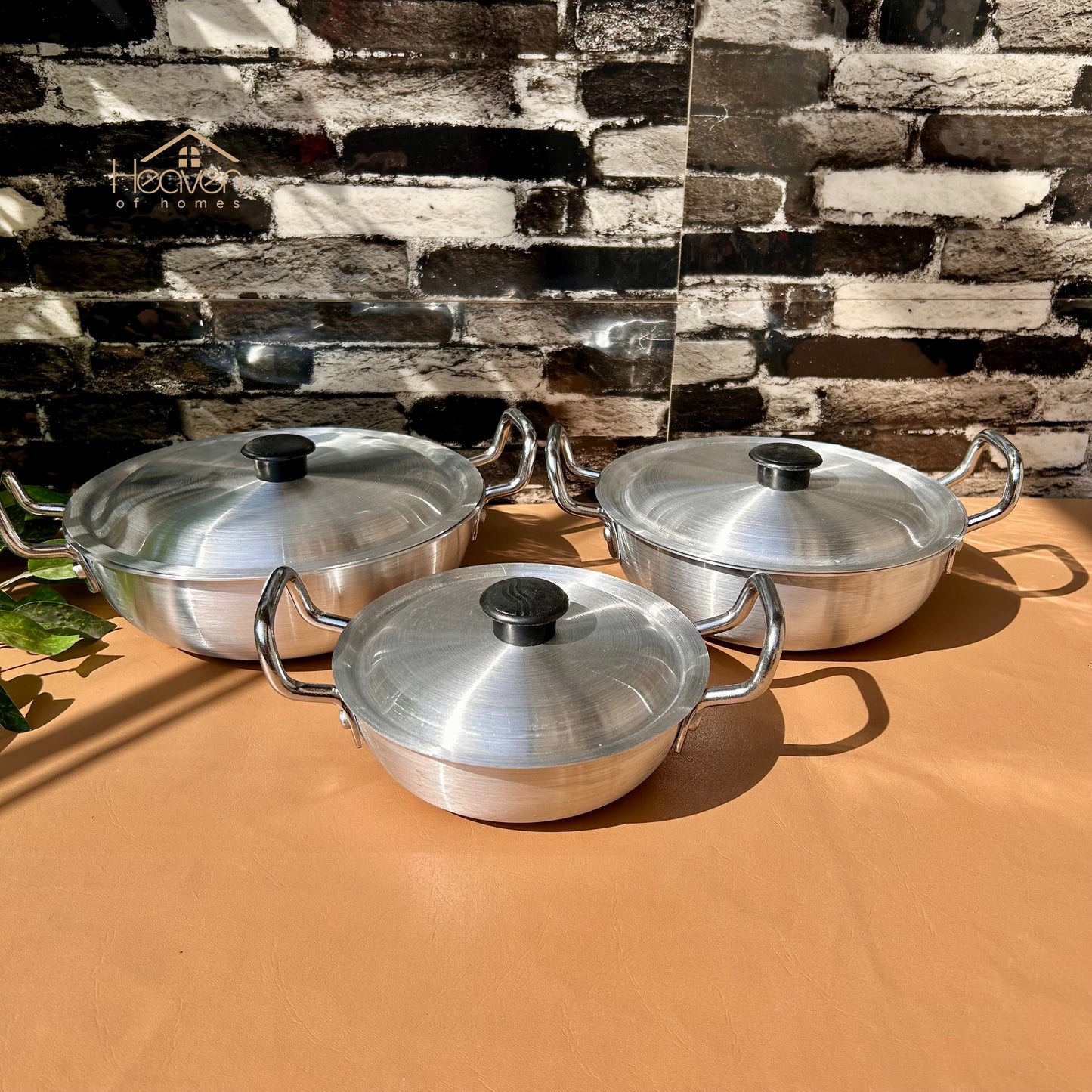 Heaven® Silver Steel Karahi with Lid – Premium Cookware Light Weight Set of 3
