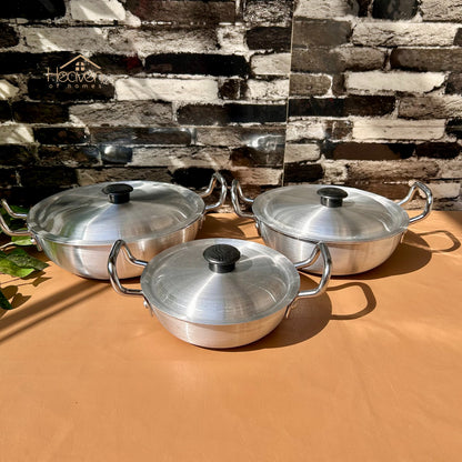 Heaven® Silver Steel Karahi with Lid – Premium Cookware Light Weight Set of 3