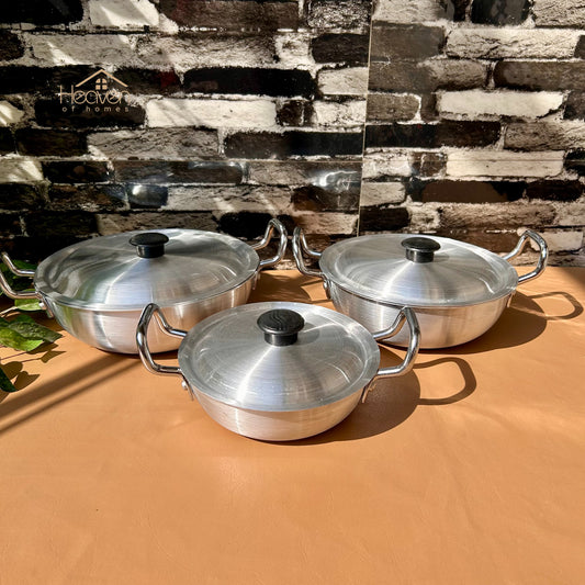 Heaven® Silver Steel Karahi with Lid – Premium Cookware Light Weight Set of 3