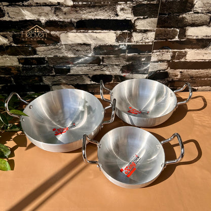 Heaven® Light -Weight Silver Steel Karahi – Durable Cookware Set of 3