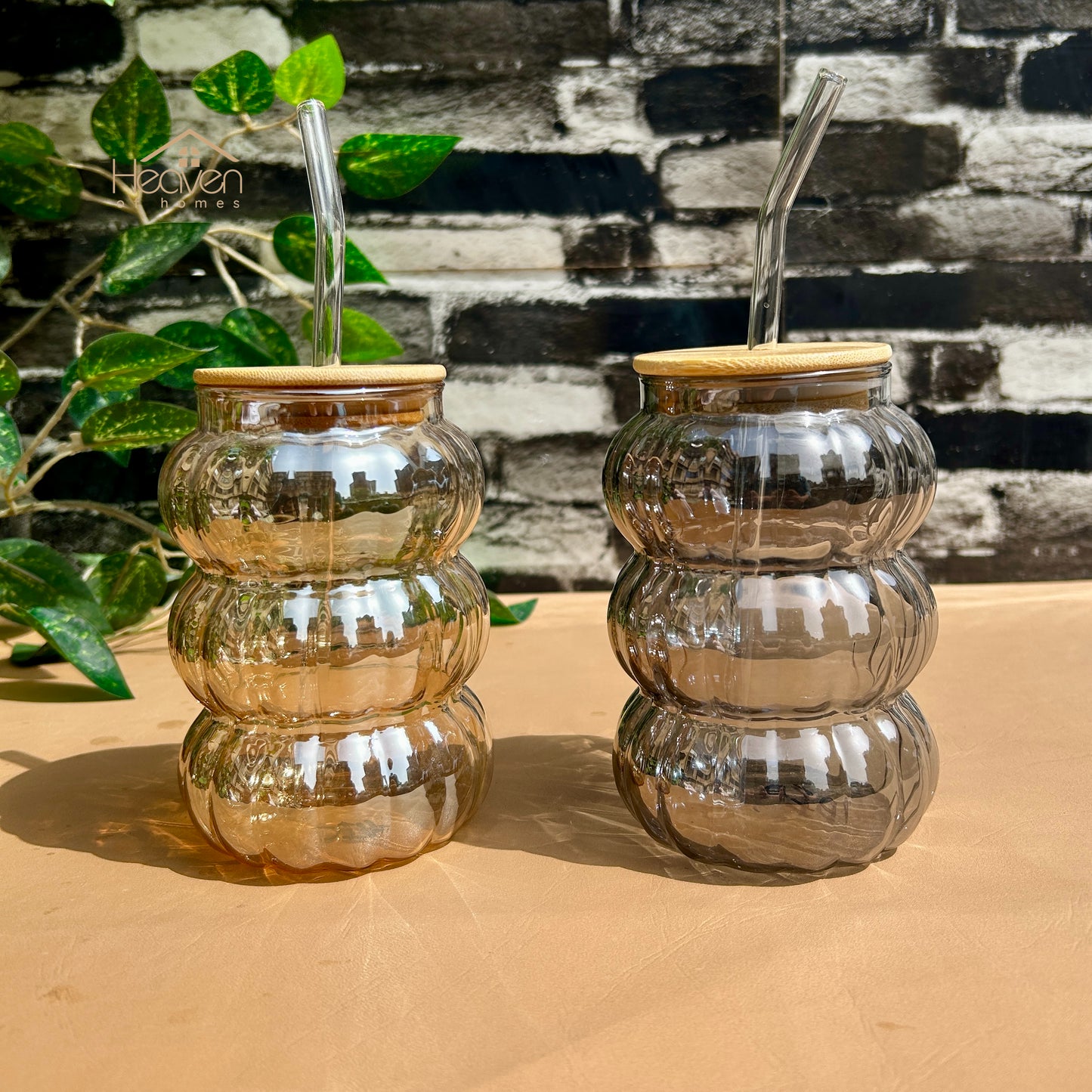 Heaven® Set of 2 Transparent Glass Coffee Cup with Straw & Bamboo Lid