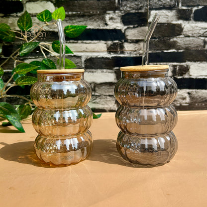 Heaven® Set of 2 Transparent Glass Coffee Cup with Straw & Bamboo Lid
