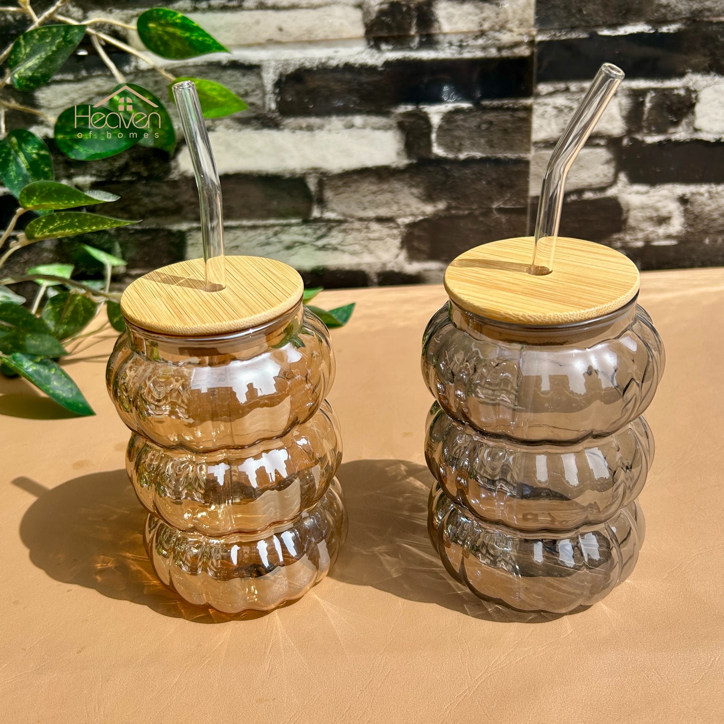 Heaven® Set of 2 Transparent Glass Coffee Cup with Straw & Bamboo Lid