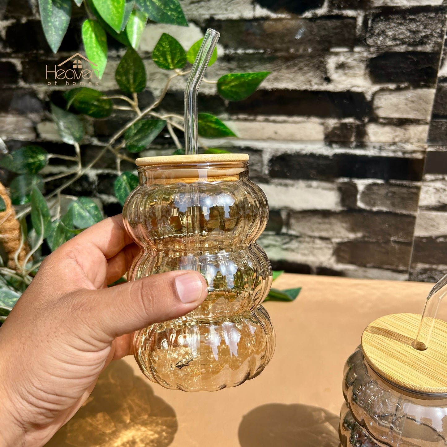 Heaven® Set of 2 Transparent Glass Coffee Cup with Straw & Bamboo Lid