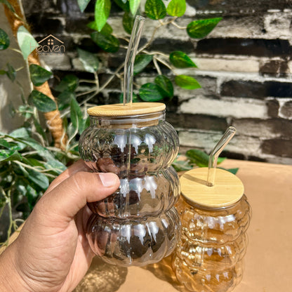 Heaven® Set of 2 Transparent Glass Coffee Cup with Straw & Bamboo Lid