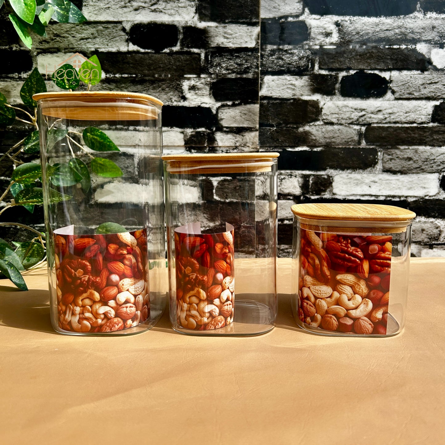 Heaven® 3-Piece Square Glass Jar Set with Wooden Lids – Airtight Storage Containers for Kitchen & Home