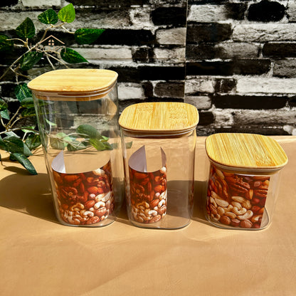 Heaven® 3-Piece Square Glass Jar Set with Wooden Lids – Airtight Storage Containers for Kitchen & Home