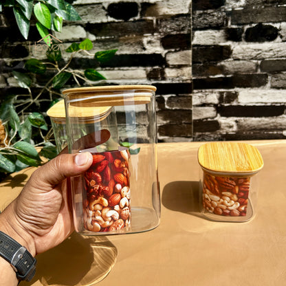 Heaven® 3-Piece Square Glass Jar Set with Wooden Lids – Airtight Storage Containers for Kitchen & Home
