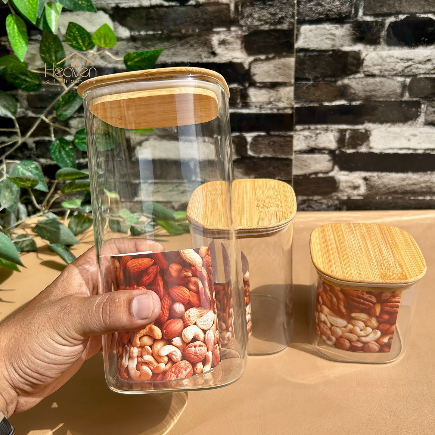 Heaven® 3-Piece Square Glass Jar Set with Wooden Lids – Airtight Storage Containers for Kitchen & Home