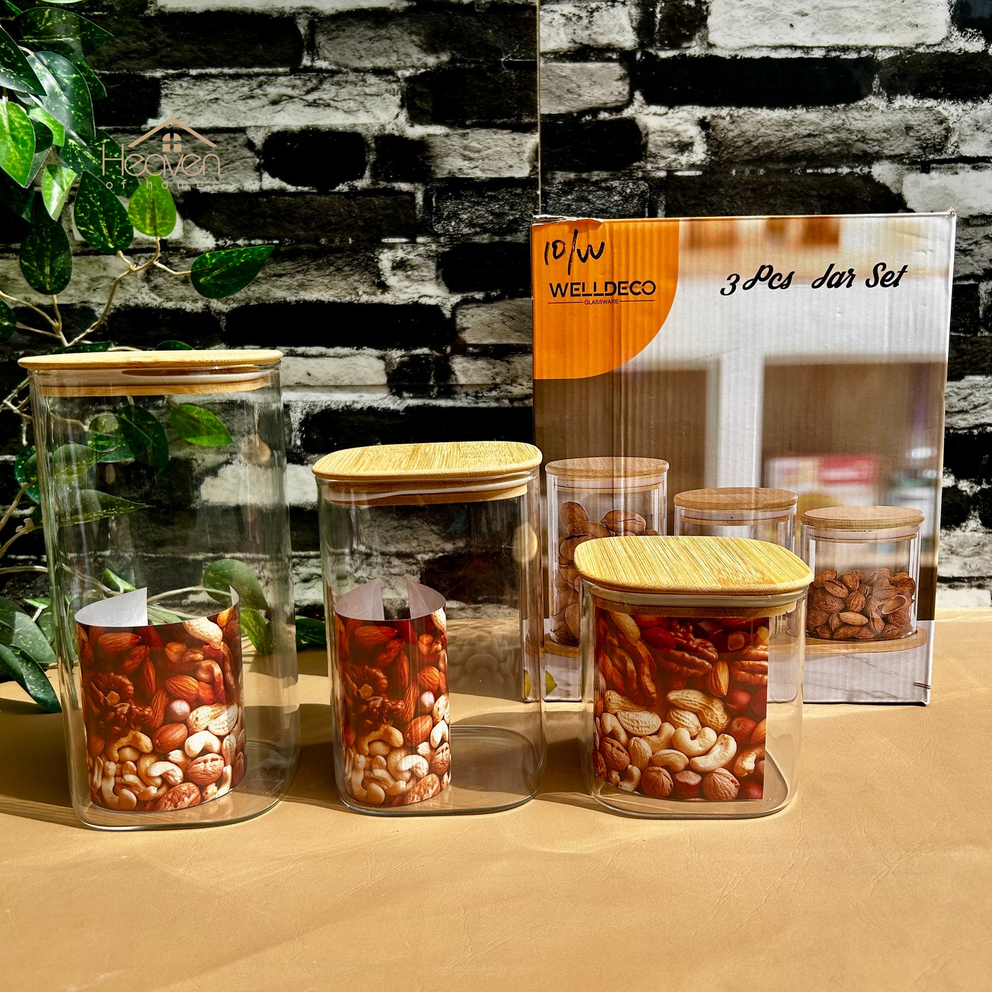 Heaven® 3-Piece Square Glass Jar Set with Wooden Lids – Airtight Storage Containers for Kitchen & Home