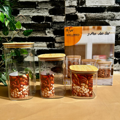 Heaven® 3-Piece Square Glass Jar Set with Wooden Lids – Airtight Storage Containers for Kitchen & Home