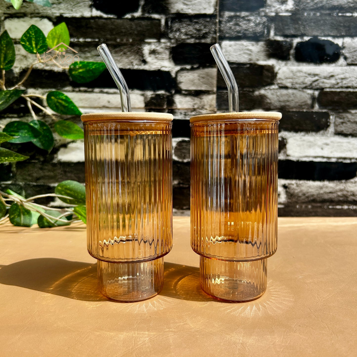 Heaven® Set of 2 Transparent Glass Coffee Cup with Straw & Bamboo Lid