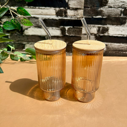 Heaven® Set of 2 Transparent Glass Coffee Cup with Straw & Bamboo Lid