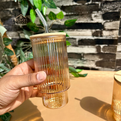 Heaven® Set of 2 Transparent Glass Coffee Cup with Straw & Bamboo Lid