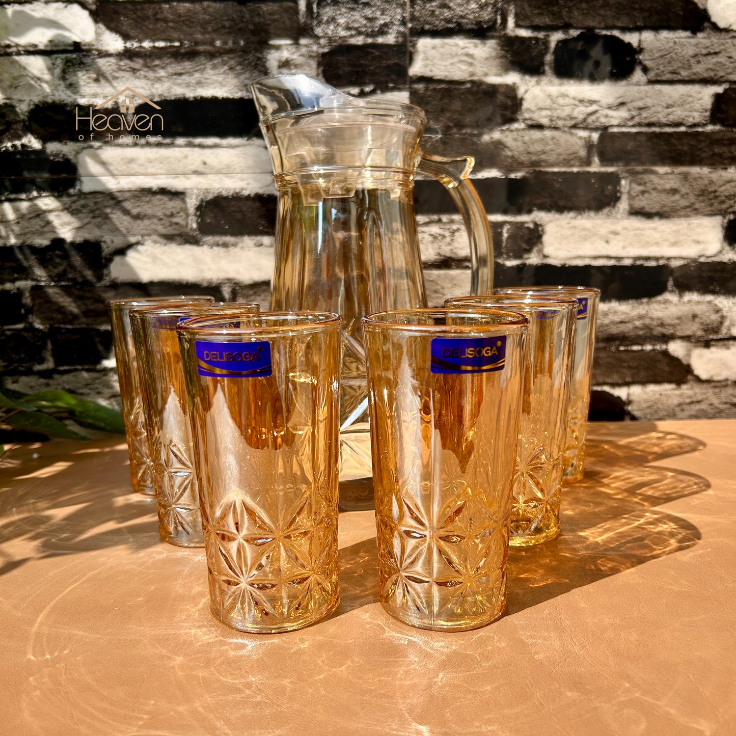 Delisoga® 7-Piece Gold Trimmed Premium Glass Drinkware Set – 1 Jug & 6 Glasses for Water, Juice & Beverages