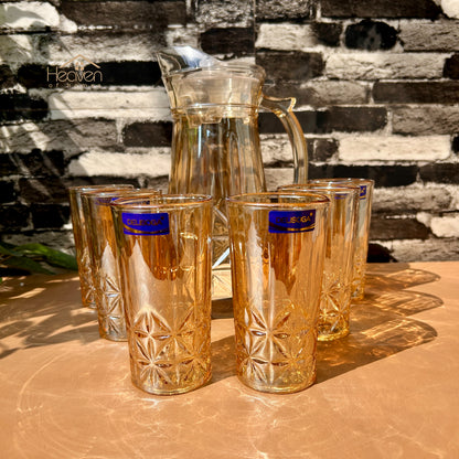 Delisoga® 7-Piece Gold Trimmed Premium Glass Drinkware Set – 1 Jug & 6 Glasses for Water, Juice & Beverages