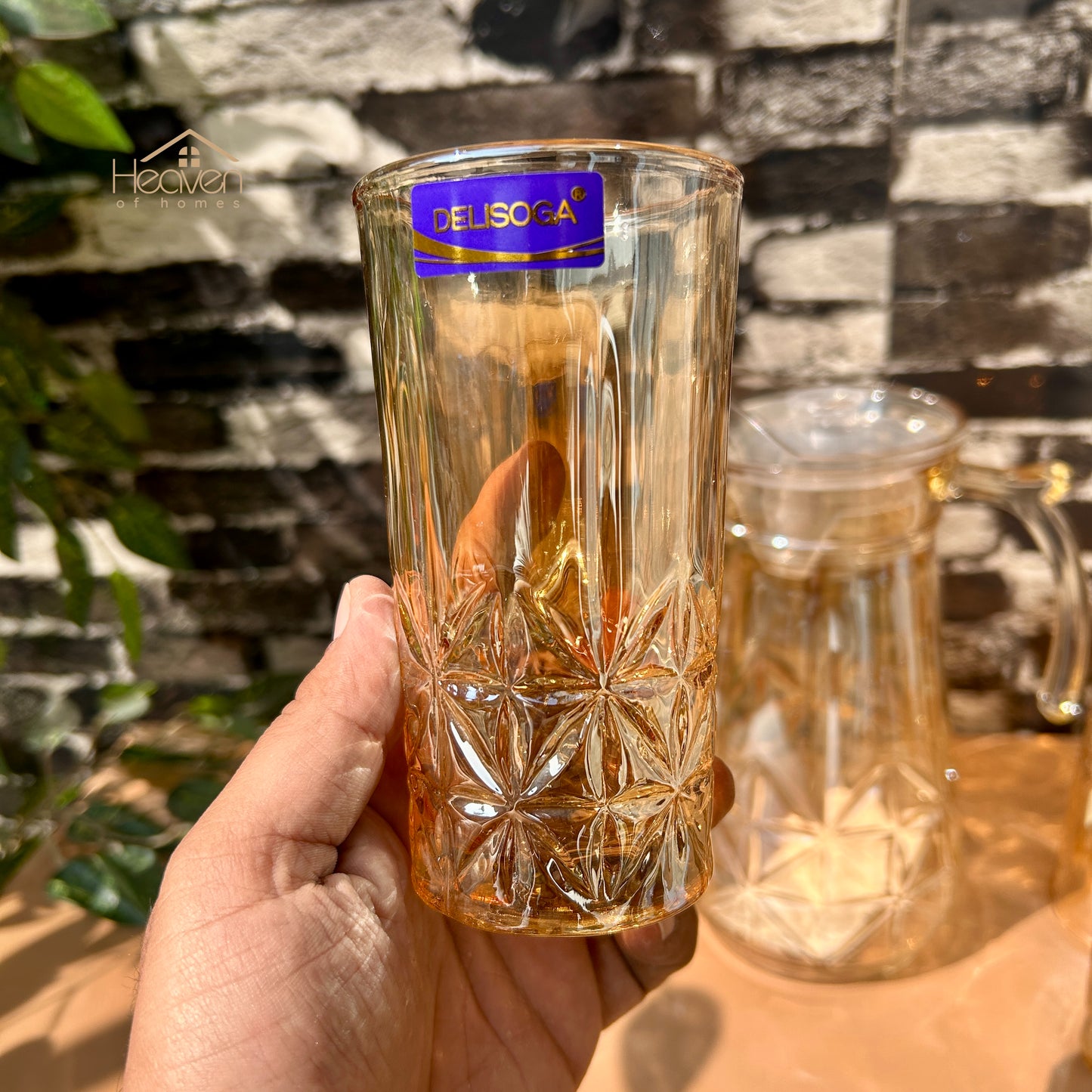 Delisoga® 7-Piece Gold Trimmed Premium Glass Drinkware Set – 1 Jug & 6 Glasses for Water, Juice & Beverages