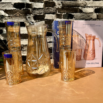 Delisoga® 7-Piece Gold Trimmed Premium Glass Drinkware Set – 1 Jug & 6 Glasses for Water, Juice & Beverages