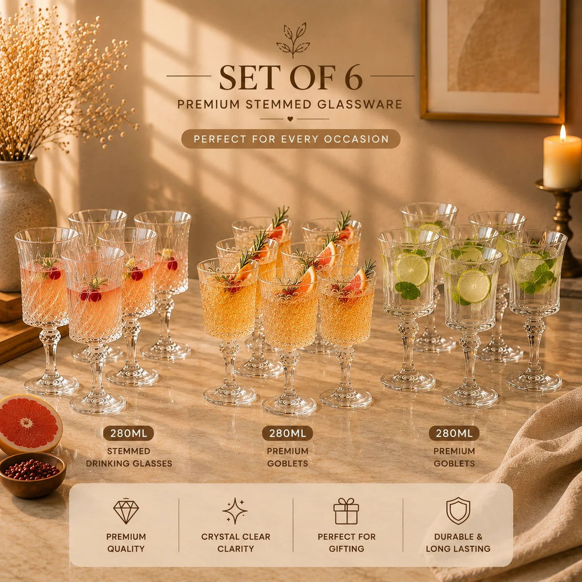 Deli® Set of 6 Stemmed Drinking Glasses – 280ml Premium Water, Juice & Mocktail Glasses