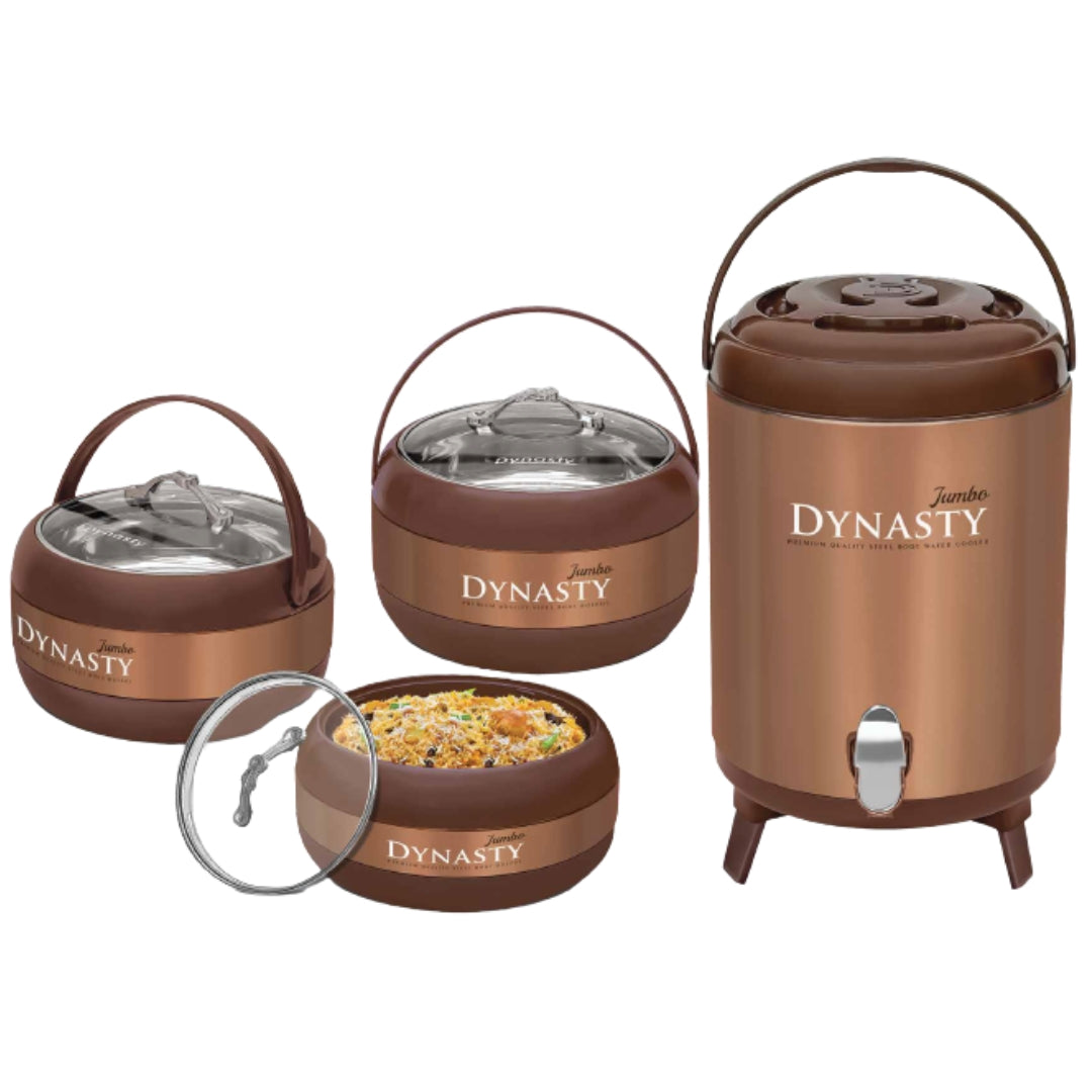Heaven® 4-Piece Dynasty Hot Pot Set with Stainless Steel Inner Bowls, Glass Lids & 12L Water Cooler – Durable & Stylish Cookware Set