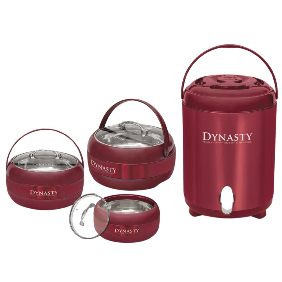 Heaven® 4-Piece Dynasty Hot Pot Set with Stainless Steel Inner Bowls, Glass Lids & 12L Water Cooler – Durable & Stylish Cookware Set