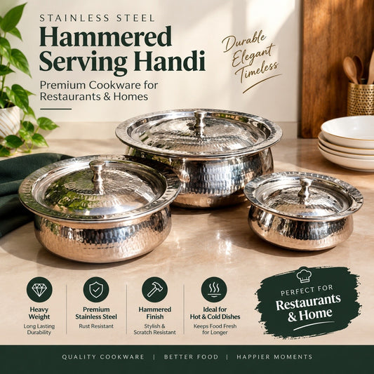 Heaven® Stainless Steel Hammered Serving Handi – Heavyweight Cookware For Restaurants and Home