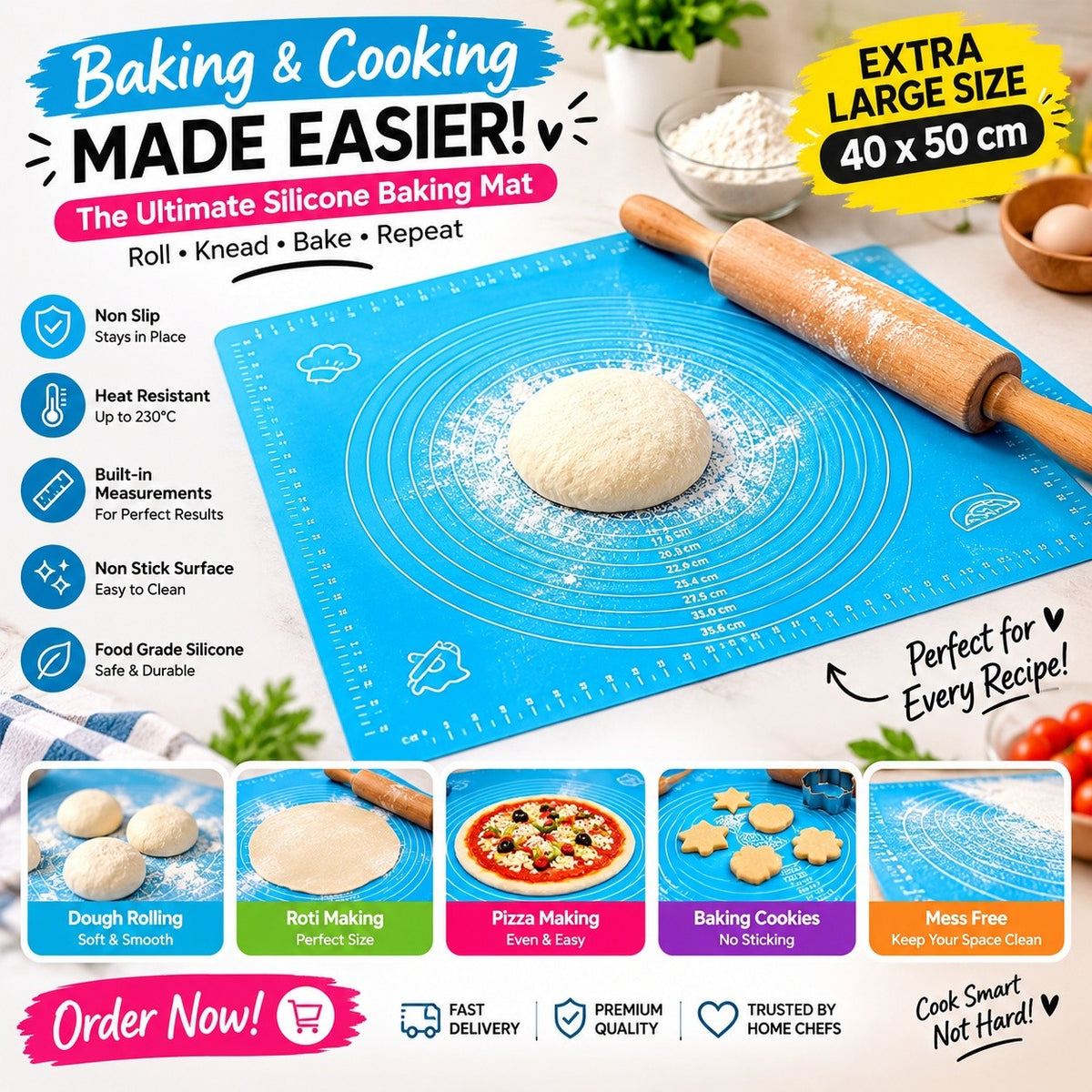 Heaven® Silicone Baking Mat, Non-Stick Pastry & Dough Rolling Mat, Extra Large Roti & Pizza Making Sheet with Measurements, Non-Slip & Heat Resistant, 40 × 50 cm