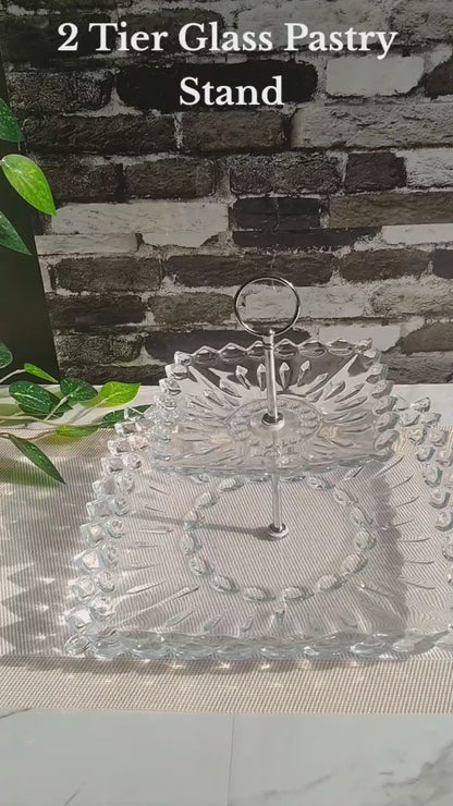 New Arrival Imperial Glass Crystal Pastry Stand With Metallic Rod 2 Tier Cake Stand Gift Item Glass Material Classy